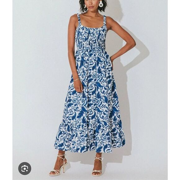 NWT Cleobella Paisley Pleated Sleeveless Square Neck Tia Ankle Dress Blue Large - Picture 1 of 9